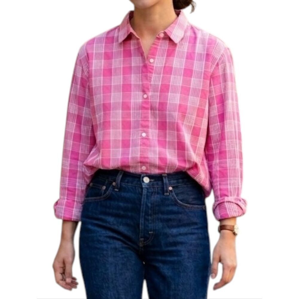 Caron Callahan Alice Shirt Pink Plaid Gingham Button Down Small Oversized Boxy